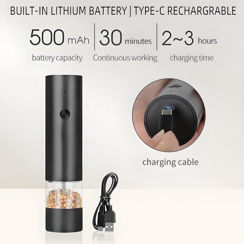 Yehenarn Electric Pepper Grinder,Electric Pepper Mill Grinder,Adjustable Coarseness,Efficient And Convenient,Easy To Clean,One Handed Operation,Type-C Rechargeable, A Reliable Assistant In The Kitchen(Black) - Image 4